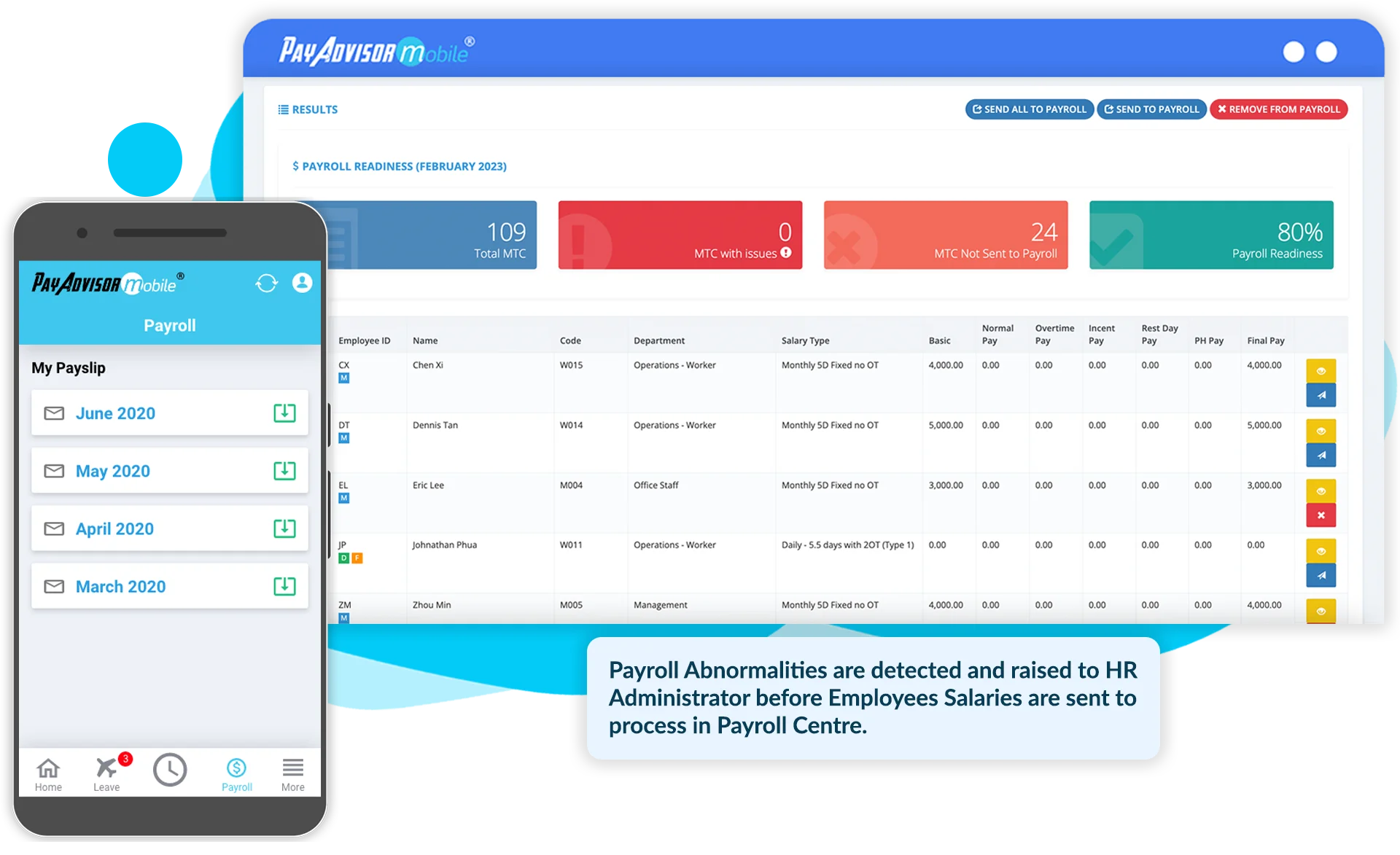 PayAdvisorMobile® payroll processing dashboard screenshot