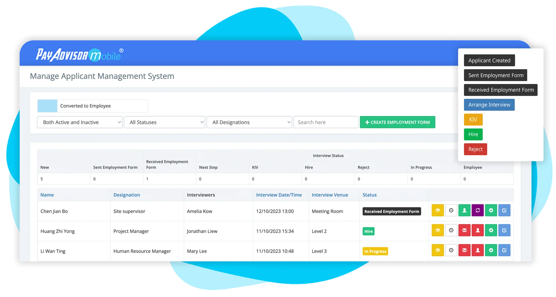 PayAdvisorMobile® applicant management dashboard screenshot