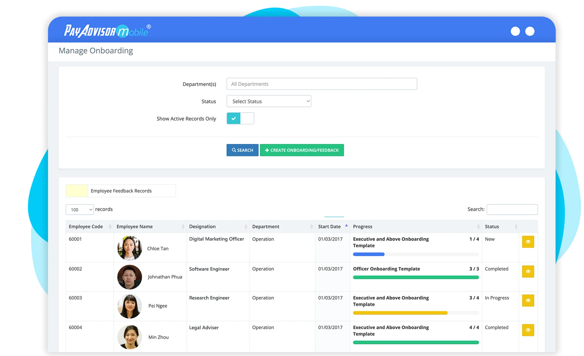 PayAdvisorMobile® pre and post onboarding system dashboard